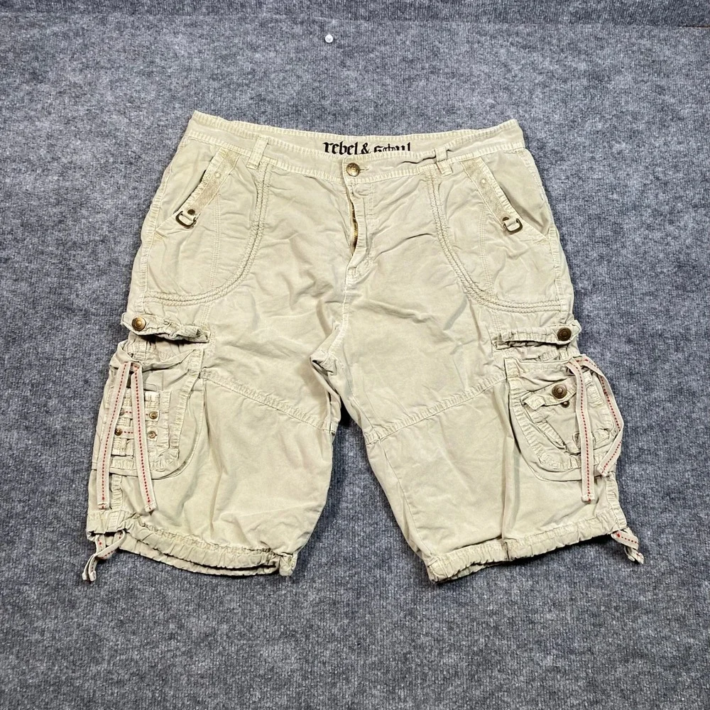 Rebel & Soul Mens Khaki Cargo Shorts Tan Cotton Multi Pocket Red Stitch Size 38